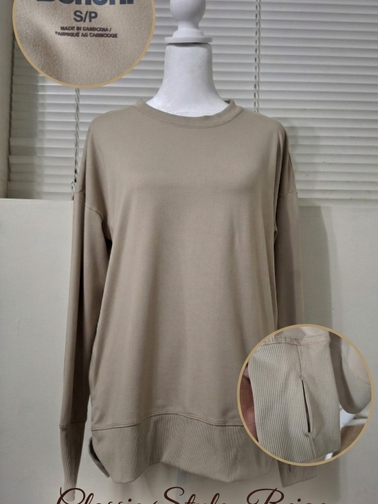 Bench Tops - Bench. Women’s Beige Crewneck Pullover Sweatshirt with Thumbholes – Size Small
